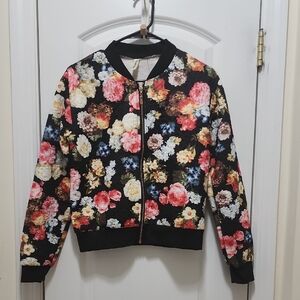 Black with Floral Print Women's Lightweight Bomber Jacket Size Small